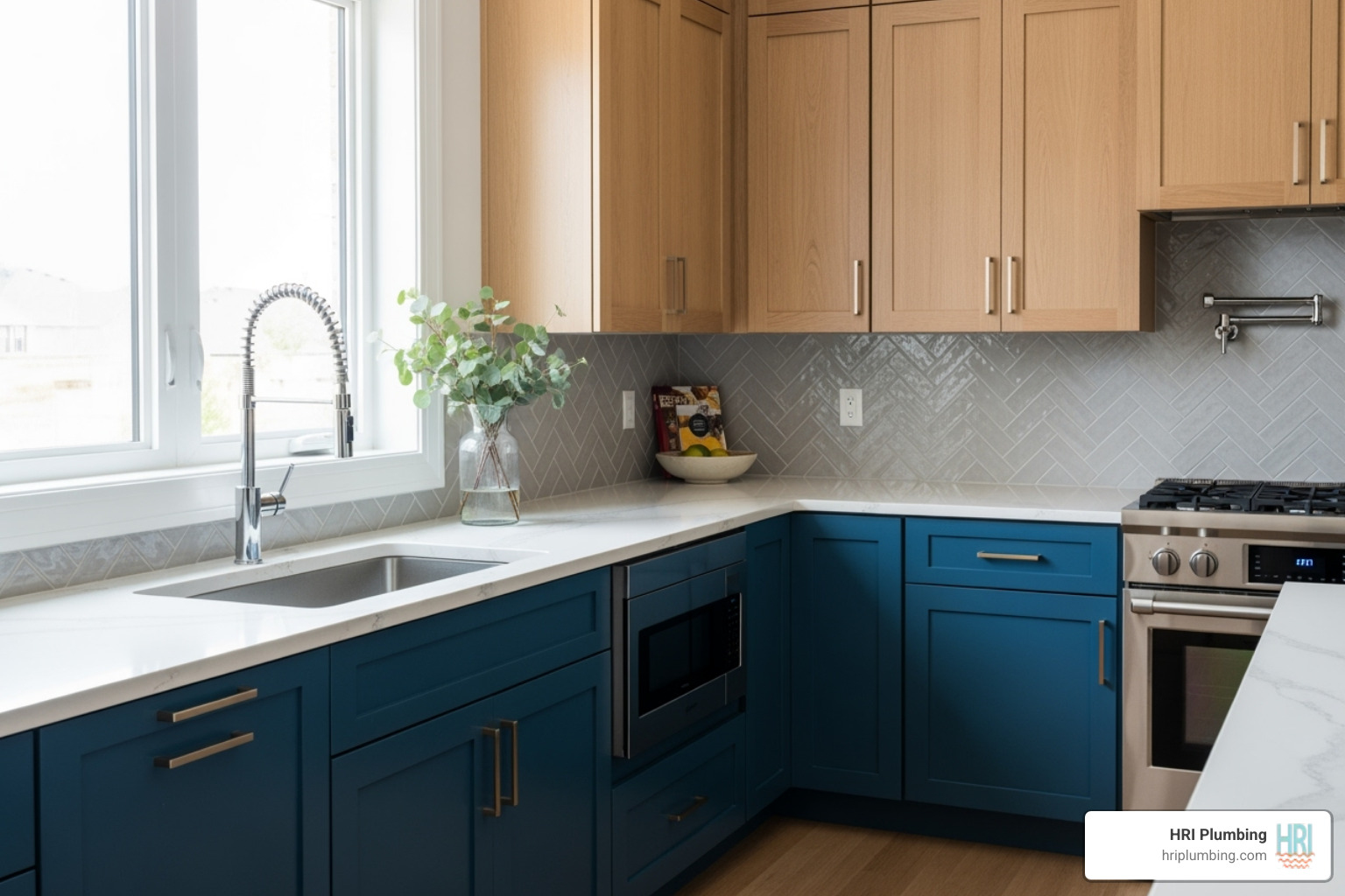 A kitchen with bold, two-tone cabinets and a unique textured backsplash. The lower cabinets are a deep blue, while the upper cabinets are a contrasting light wood, complemented by a herringbone-patterned tile backsplash - kitchen design ideas