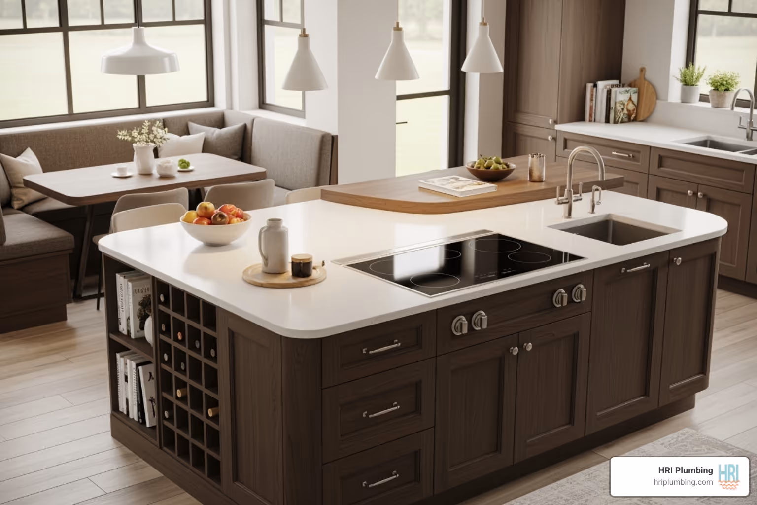 An innovative kitchen island with built-in seating and storage, showcasing dark wood lower cabinets, light countertops, and a cozy breakfast nook integrated into the island's design - kitchen design ideas