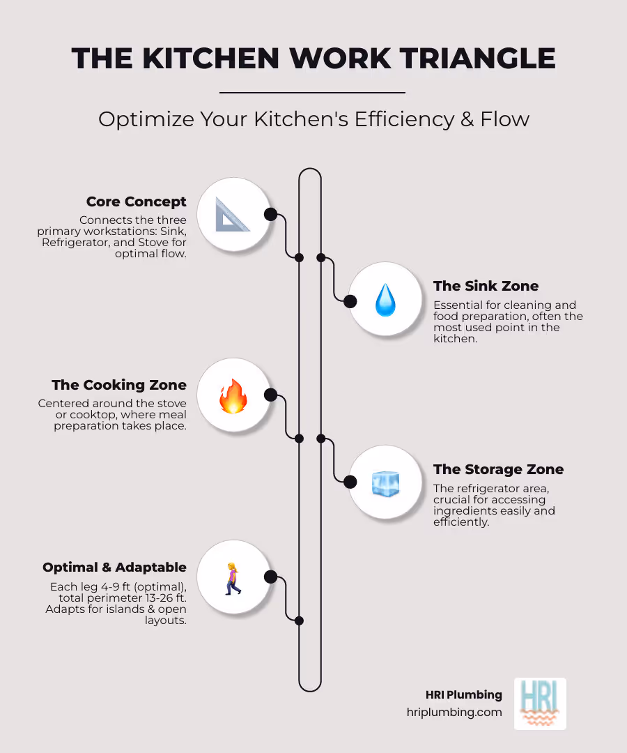Infographic showing the classic kitchen work triangle connecting sink, stove, and refrigerator with optimal distances of 4-9 feet between each point, total triangle perimeter of 13-26 feet, and modern adaptations for kitchen islands and open layouts - kitchen design ideas infographic infographic-line-5-steps-neat_beige