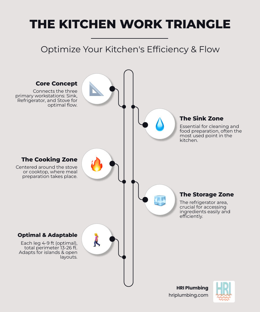 Infographic showing the classic kitchen work triangle connecting sink, stove, and refrigerator with optimal distances of 4-9 feet between each point, total triangle perimeter of 13-26 feet, and modern adaptations for kitchen islands and open layouts - kitchen design ideas infographic infographic-line-5-steps-neat_beige