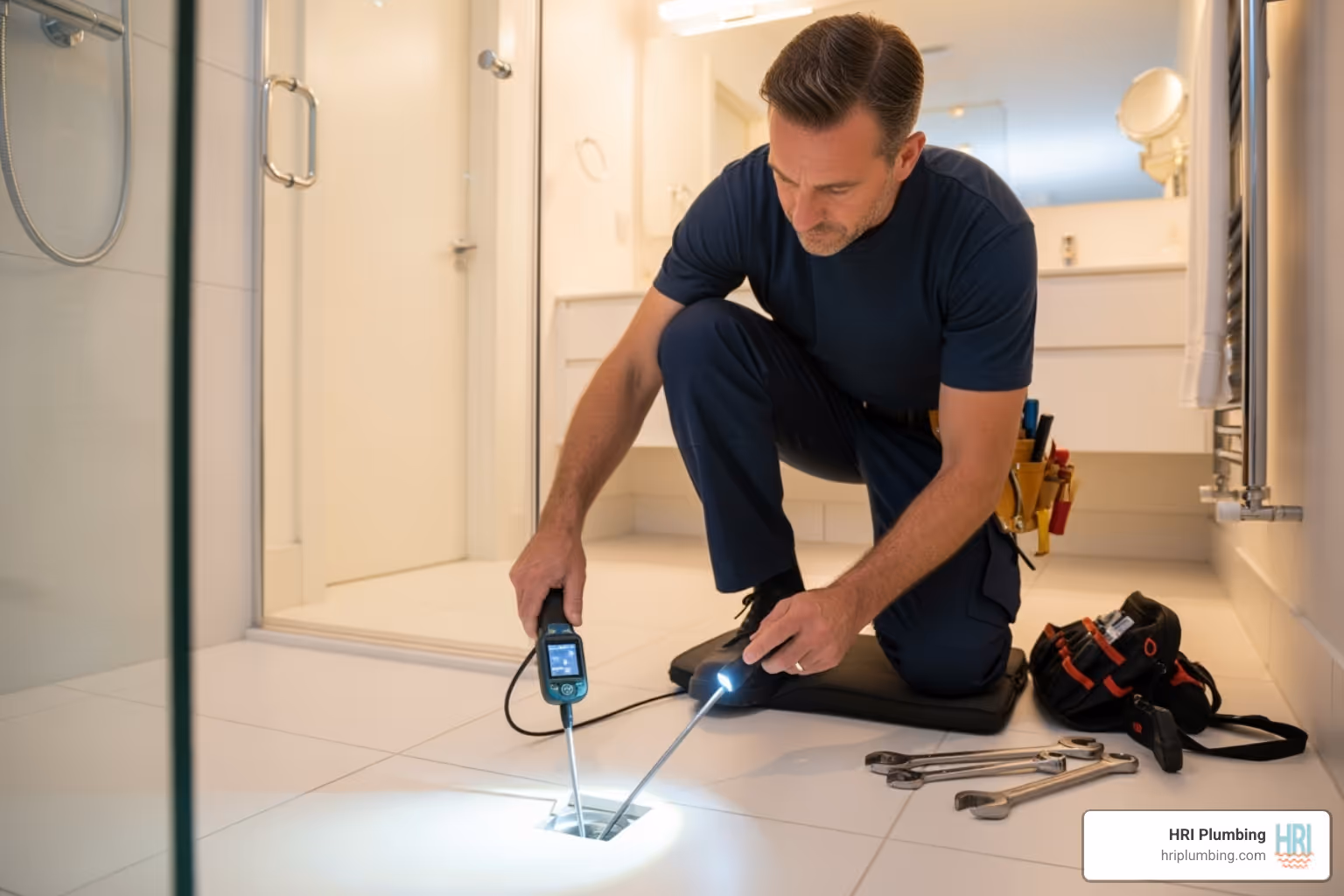 plumber inspecting a drain with professional tools - clogged shower drain repair