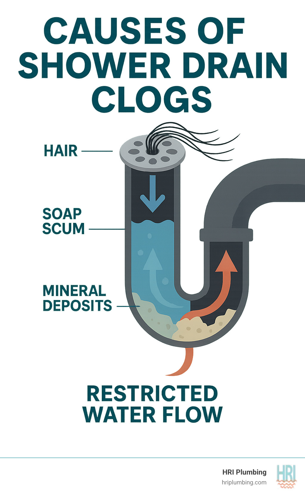 Infographic showing the main causes of shower drain clogs including hair strands wrapping around drain components, soap scum buildup on pipe walls, and mineral deposits from hard water creating blockages, with arrows indicating how these materials combine to restrict water flow - clogged shower drain repair infographic 