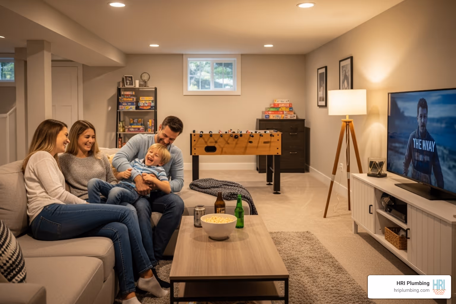 family enjoying finished basement - Sump pump alarm system