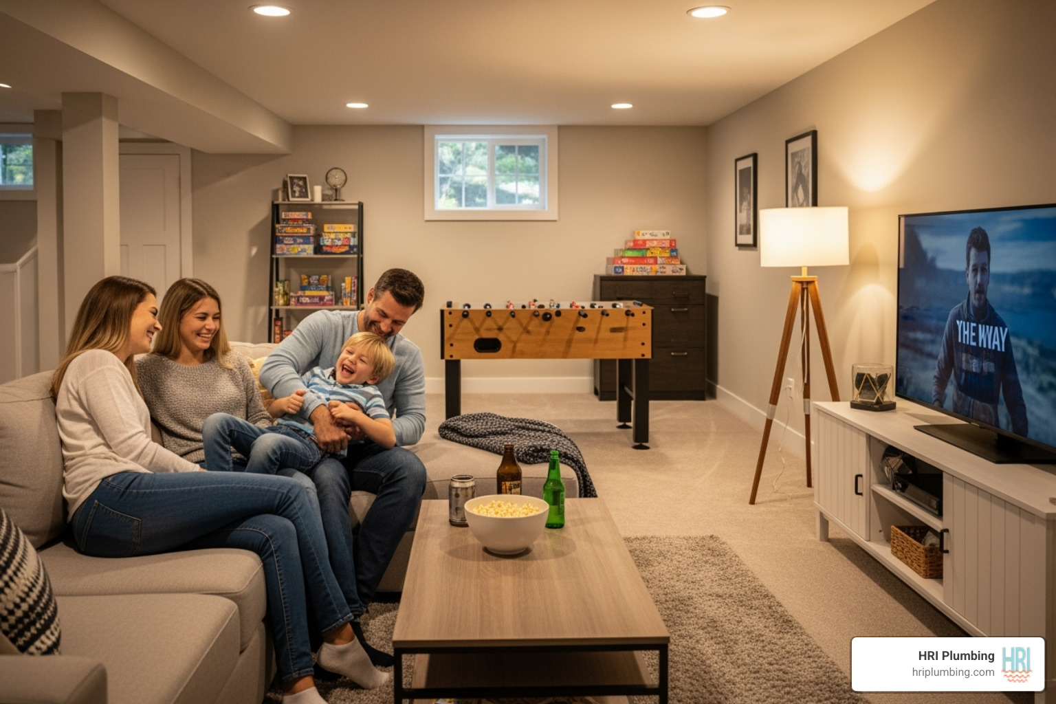 family enjoying finished basement - Sump pump alarm system family enjoying finished basement - Sump pump alarm system