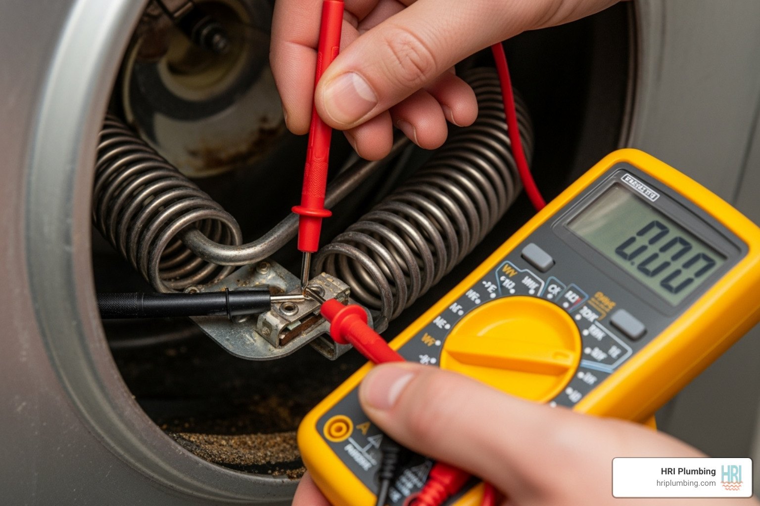 A person's hands holding a multimeter to test the terminals of a water heater element, with the element partially exposed from the water heater tank. - Water heater element replacement A person's hands holding a multimeter to test the terminals of a water heater element, with the element partially exposed from the water heater tank. - Water heater element replacement
