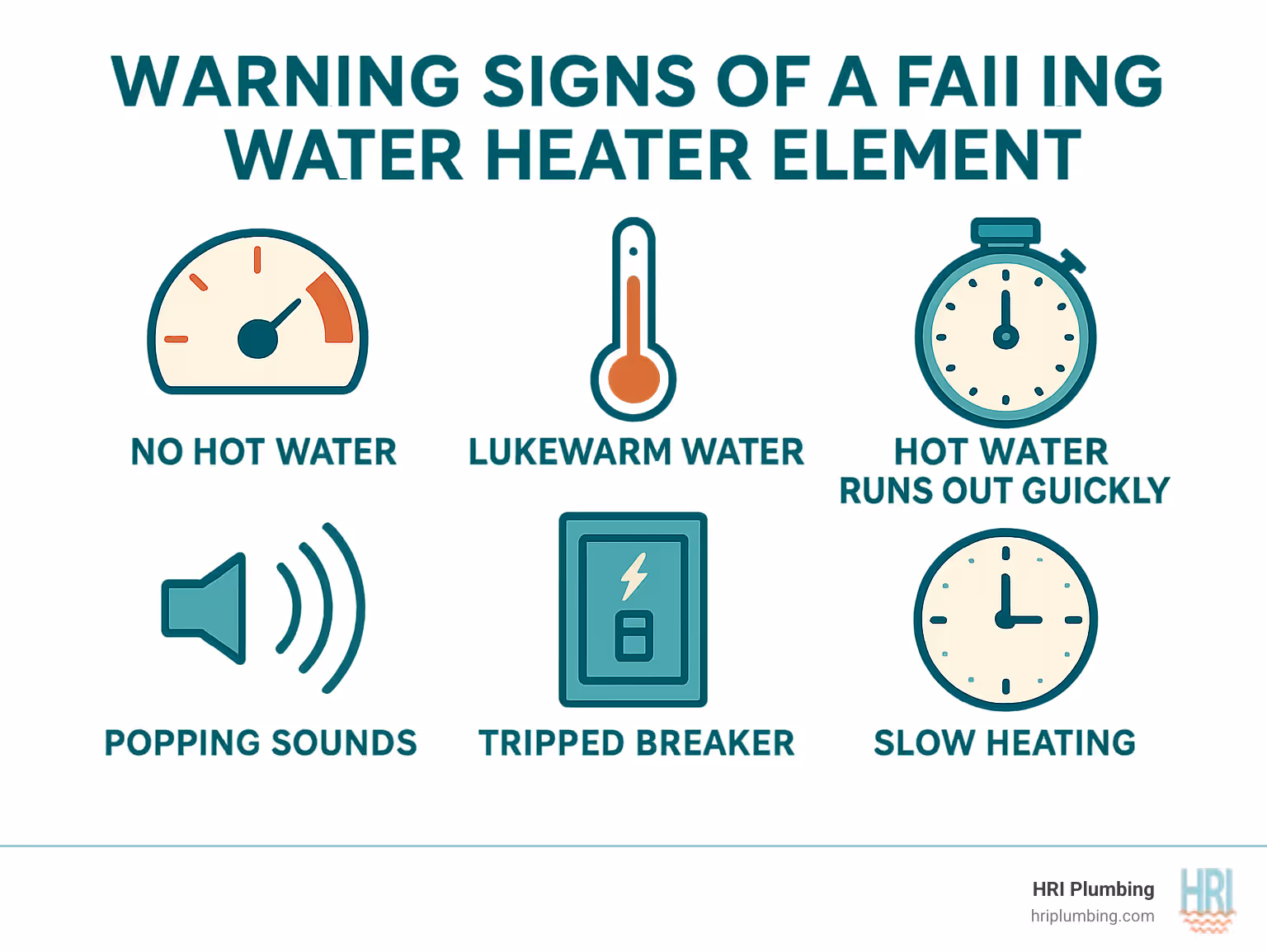 Infographic showing the six main warning signs of a failing water heater element: no hot water with visual of empty hot water gauge, lukewarm water with thermometer showing low temperature, hot water running out quickly with timer, popping sounds with sound waves, tripped breaker with electrical panel, and slow heating with clock showing extended time - Water heater element replacement infographic 