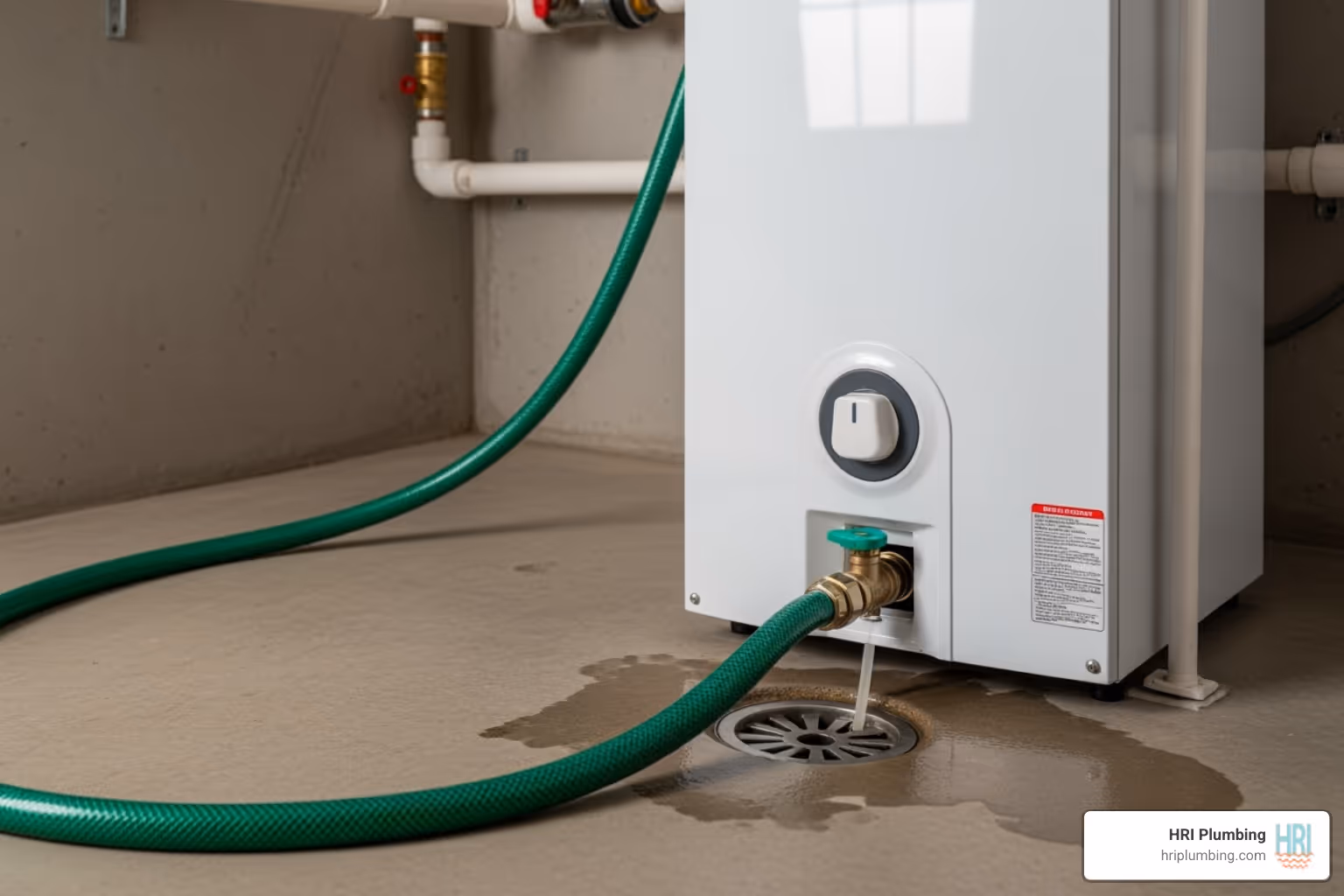 A green garden hose connected to the drain valve at the bottom of a water heater, leading away to a floor drain. - Water heater element replacement