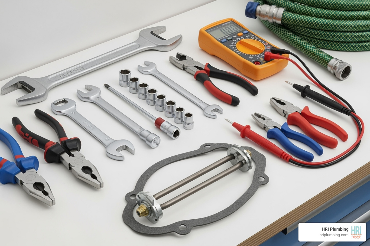 A collection of tools neatly arranged, including an element wrench, socket wrench, screwdrivers, pliers, multimeter, voltage tester, garden hose, and a new water heater element with a gasket. - Water heater element replacement A collection of tools neatly arranged, including an element wrench, socket wrench, screwdrivers, pliers, multimeter, voltage tester, garden hose, and a new water heater element with a gasket. - Water heater element replacement