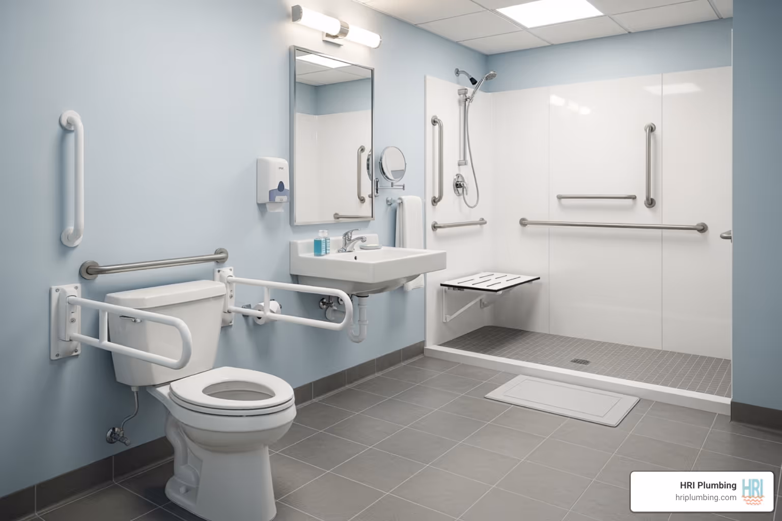 fully accessible bathroom with grab bars and a comfort height toilet - comfort height toilet