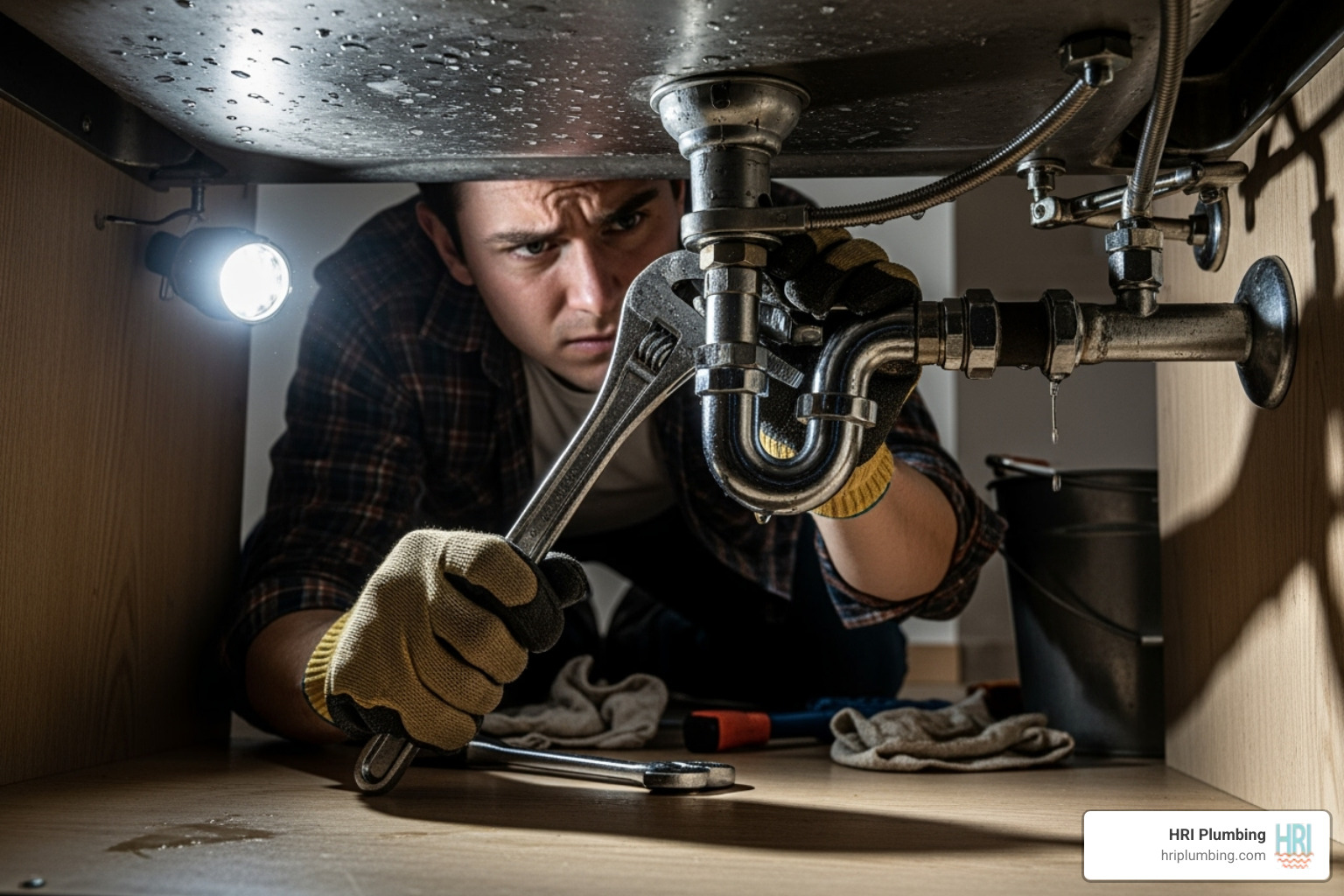 A person carefully tightening a connection under a sink with a basin wrench, highlighting the focus and precision required for plumbing fixture installation - plumbing fixture installation