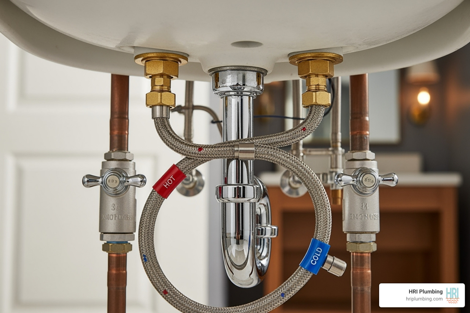 The underside of a sink showing the faucet's mounting nuts and supply lines connected, illustrating the plumbing connections for a bathroom faucet installation - plumbing fixture installation