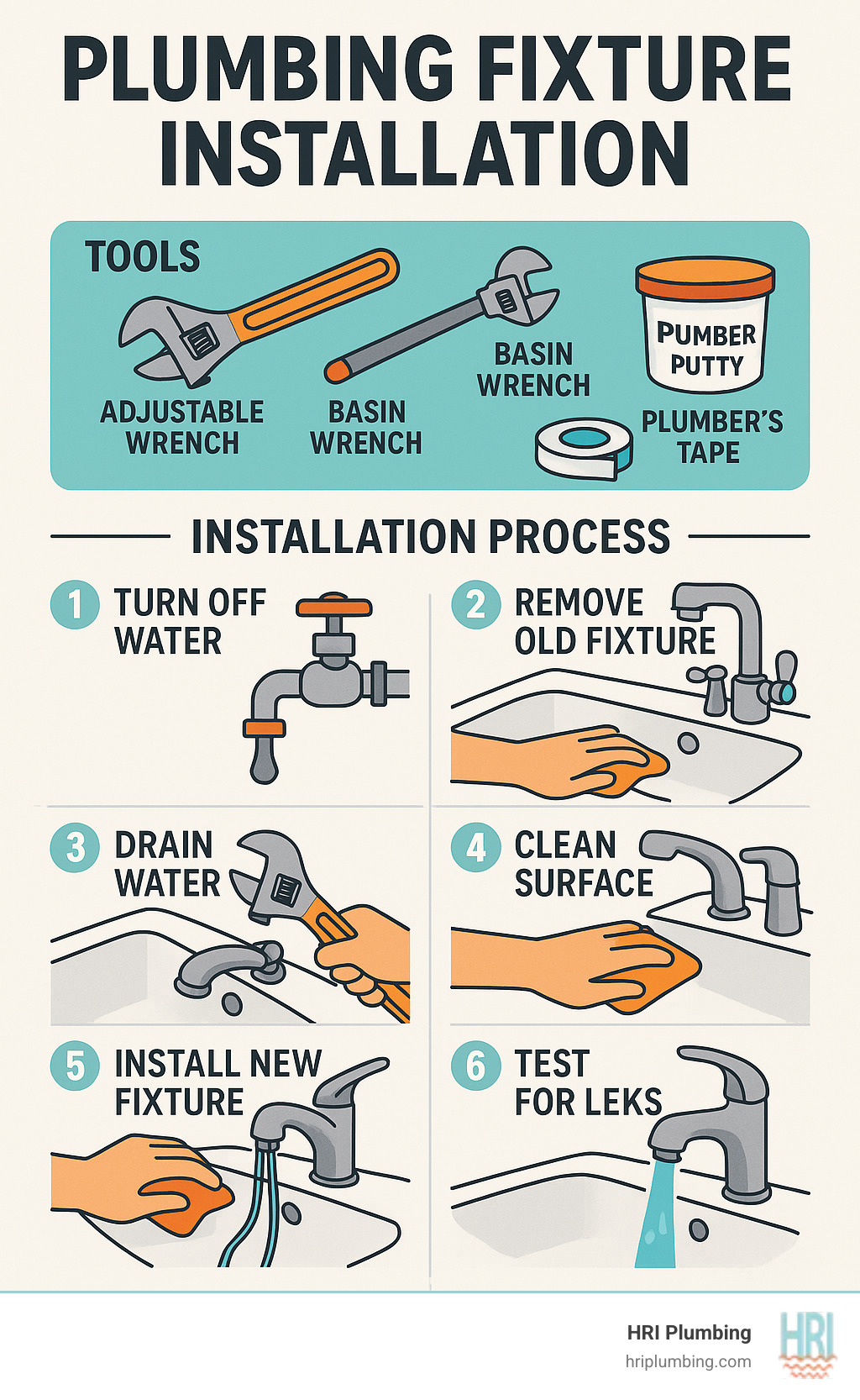 Detailed infographic showing plumbing fixture installation process with labeled tools including adjustable wrench, basin wrench, plumber's tape, and putty, plus step-by-step visual guide from water shut-off through final leak testing - plumbing fixture installation infographic 