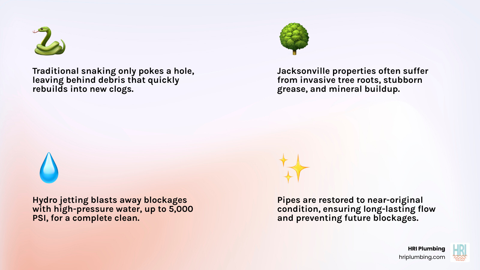 Infographic showing cross-section of pipe before and after hydro jetting: left side shows pipe clogged with grease buildup, tree roots, and mineral scale; center shows high-pressure water nozzle spraying in 360-degree pattern at 4000+ PSI; right side shows completely clean pipe interior restored to original diameter - hydro jet pipe cleaning jacksonville infographic 4_facts_emoji_light-gradient