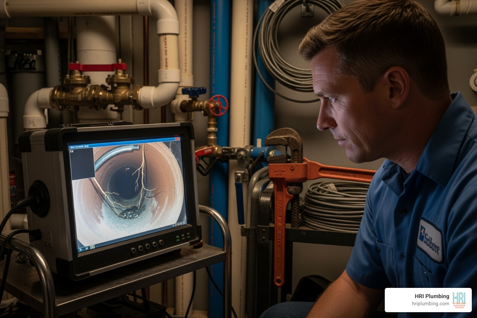 technician viewing sewer camera inspection on monitor - hydro jet pipe cleaning jacksonville