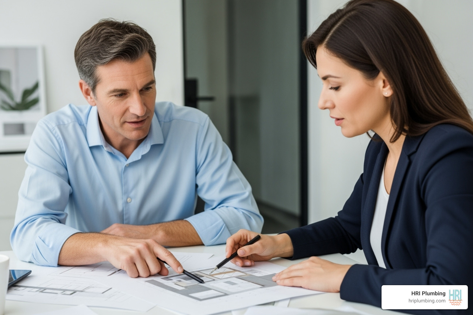 designer and client collaborating over design plans - kitchen design consultation
