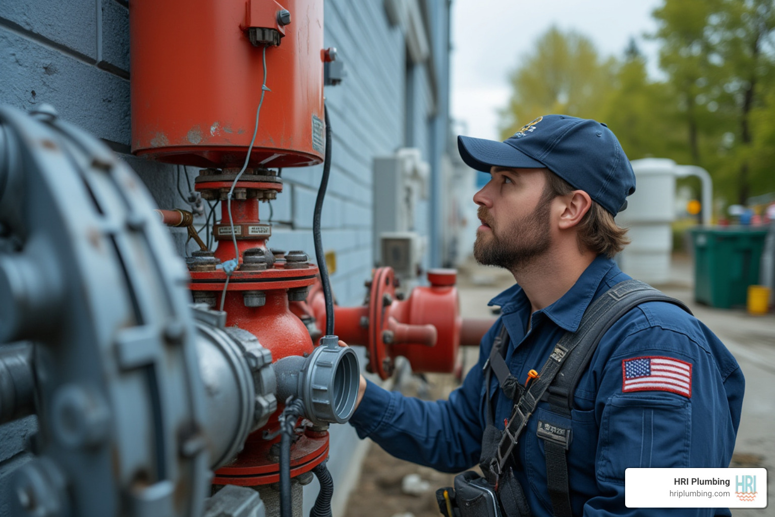 plumber inspecting a commercial backflow preventer - commercial plumber near me jacksonville