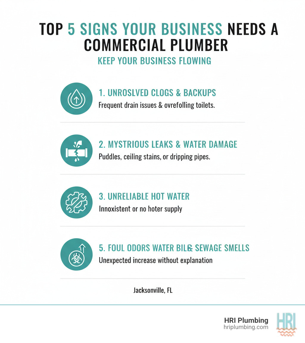 infographic explaining the top 5 signs a business needs a commercial plumber - commercial plumber near me jacksonville infographic 