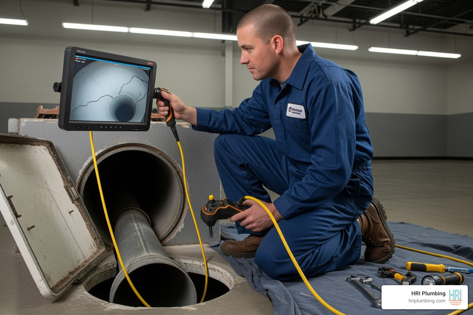 plumber using a video inspection camera in a commercial drain - commercial plumber near me jacksonville