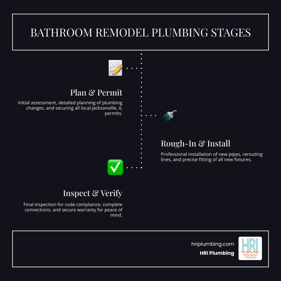 Infographic showing the key stages of a bathroom remodel plumbing project, including initial assessment and planning, obtaining permits, rough-in plumbing work with pipe installation and rerouting, fixture installation including toilets sinks and showers, final inspection and code compliance verification, and warranty protection - bathroom remodeling plumber jacksonville il infographic infographic-line-3-steps-dark