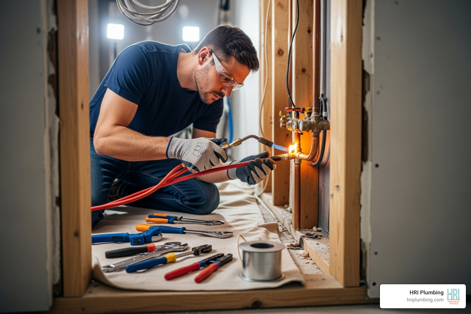 plumber carefully installing a pipe behind a wall - bathroom remodeling plumber jacksonville il
