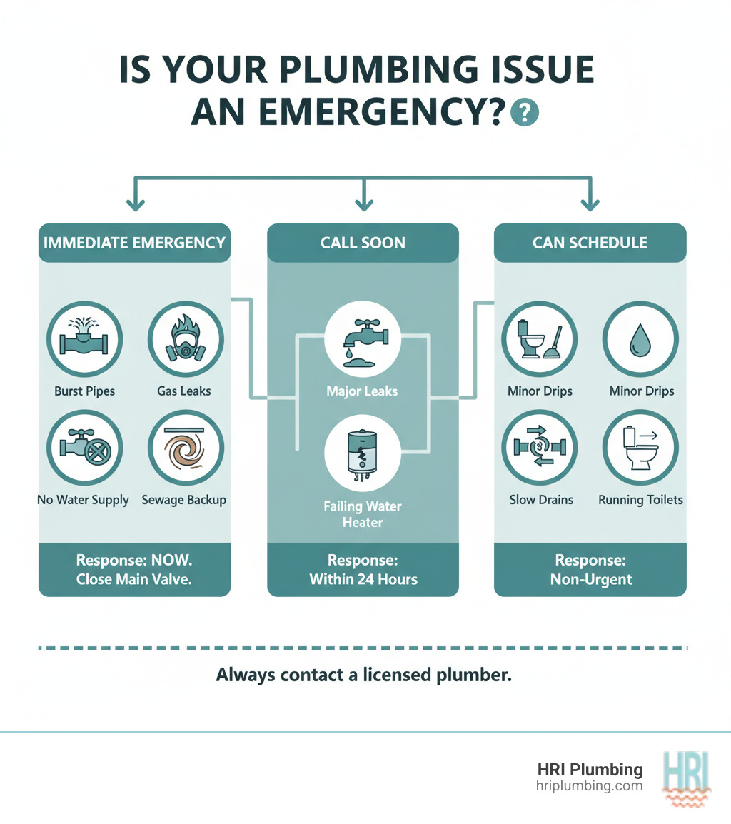 Infographic showing decision tree: Is your plumbing issue an emergency? Shows three categories - Immediate Emergency (burst pipes, gas leaks, sewage backup, no water supply), Call Soon (major leaks, failing water heater, multiple clogs), and Can Schedule (minor drips, slow drains, running toilets). Includes icons for each scenario and recommended response times. - emergency plumber near me jacksonville infographic 