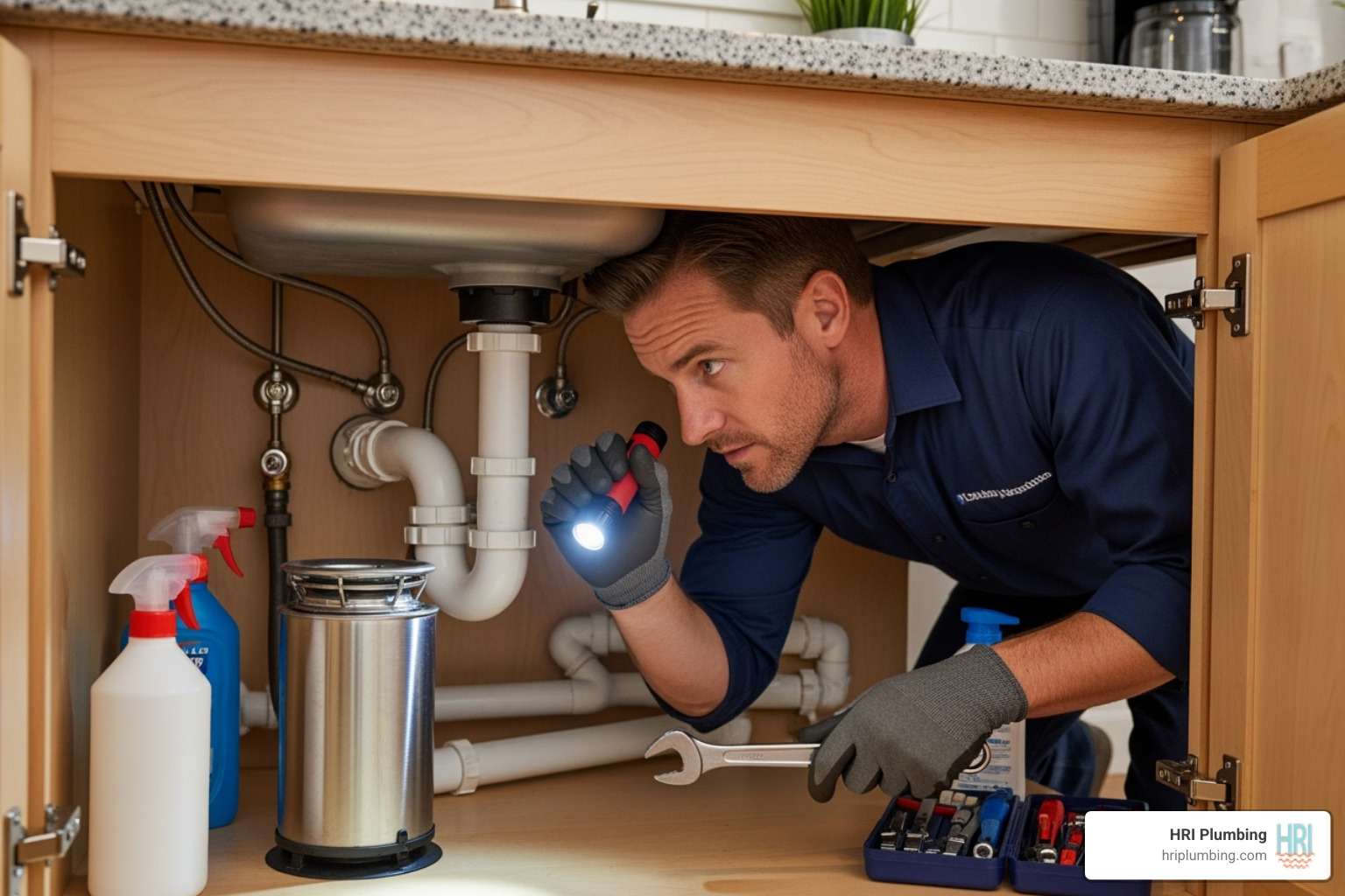 A professional plumber inspecting a garbage disposal under a kitchen sink - garbage disposal cleaning jacksonville