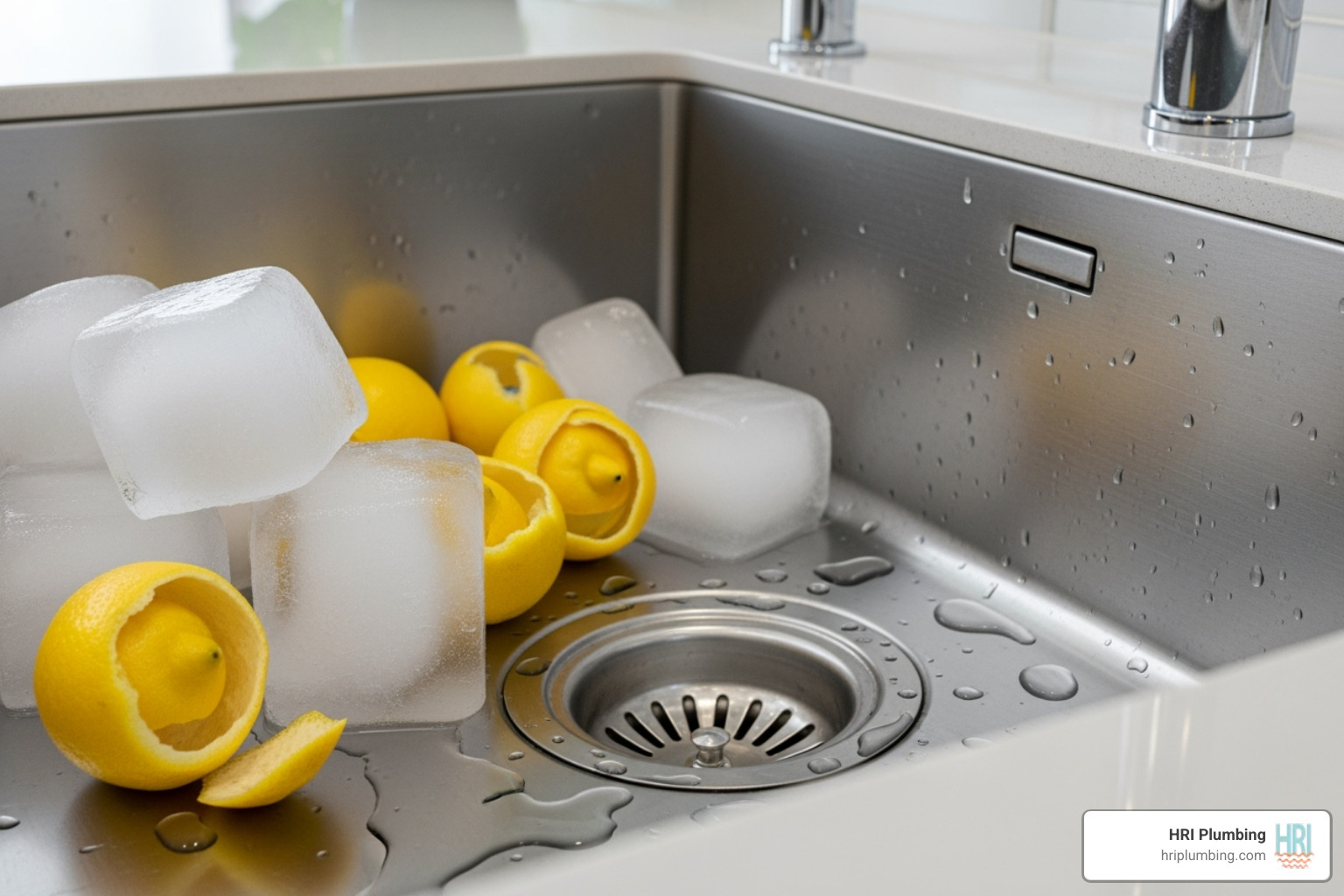 ice cubes and lemon peels next to a sink - garbage disposal cleaning jacksonville