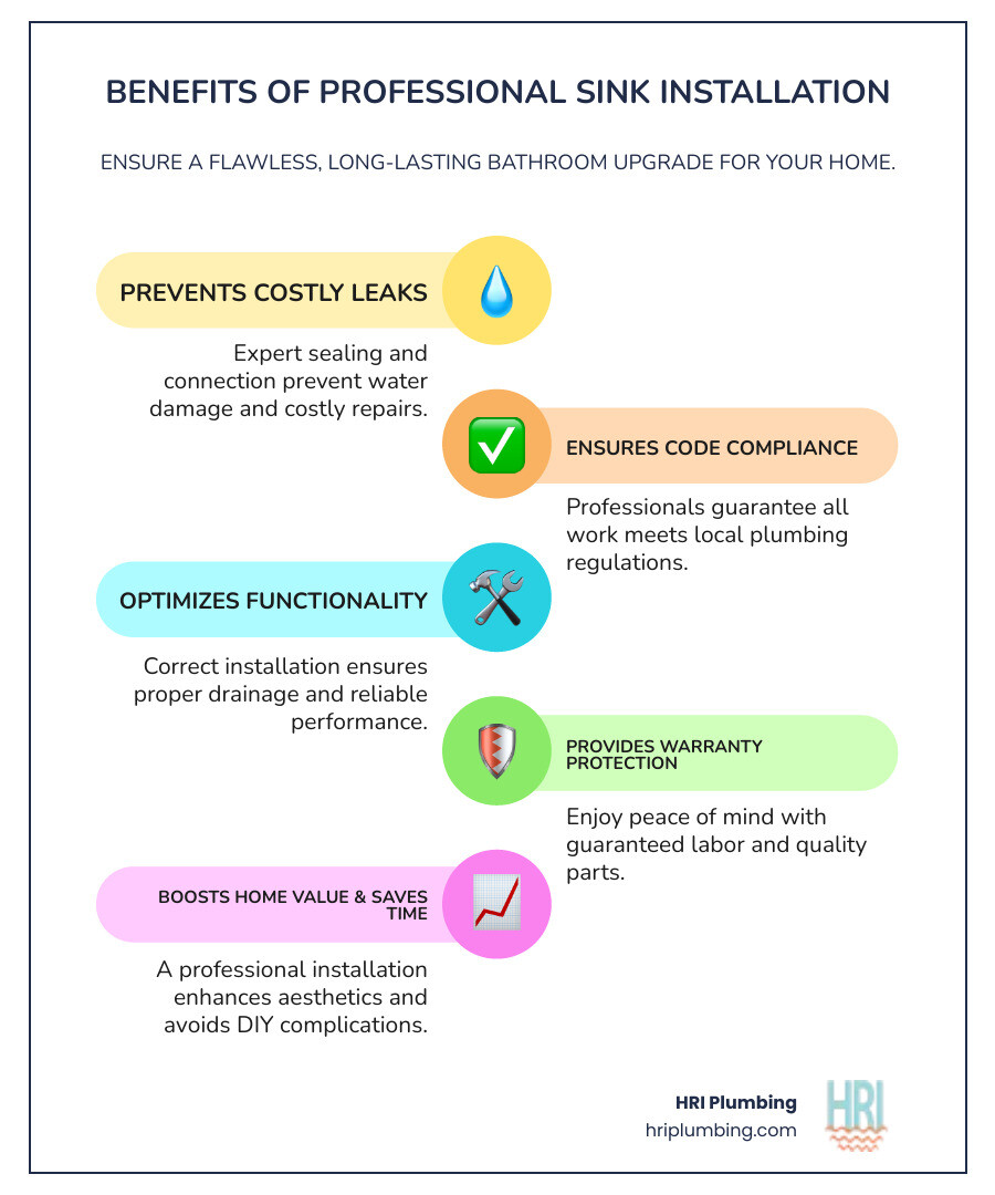 infographic showing bathroom sink installation benefits including preventing water damage and leaks, ensuring proper drainage and connections, compliance with local plumbing codes, warranty protection on labor and parts, increased home value, and time savings compared to DIY attempts - bathroom sink installation rushville il infographic infographic-line-5-steps-colors
