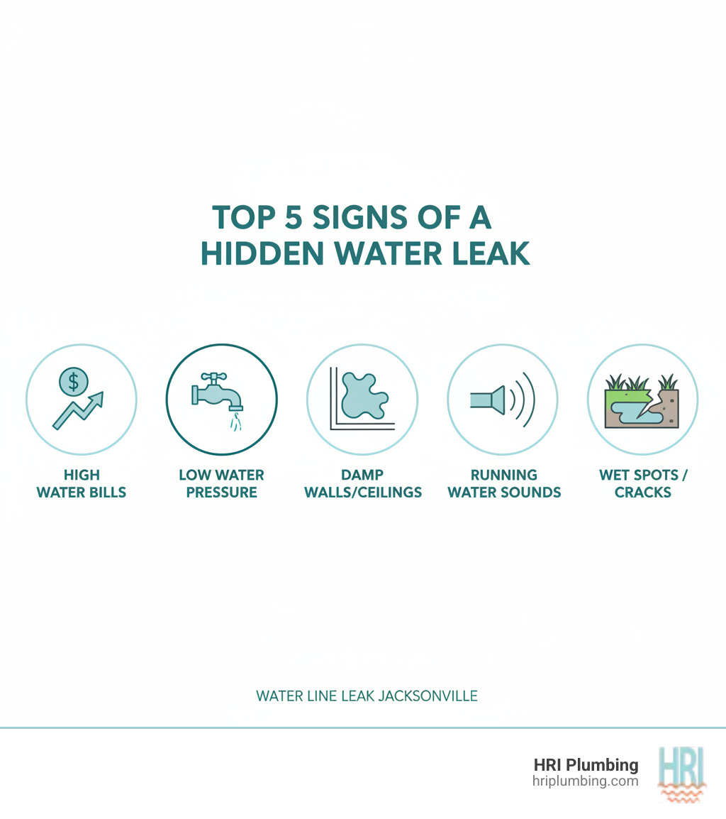 infographic showing the top 5 signs of a hidden water leak: 1. Unexplained high water bills with a dollar sign and upward arrow, 2. Low water pressure shown with a weak faucet stream, 3. Damp walls or ceilings with water stains, 4. Sounds of running water when all fixtures are off shown with sound waves, 5. Wet spots in yard or foundation cracks illustrated with grass and broken concrete - water line leak jacksonville infographic 