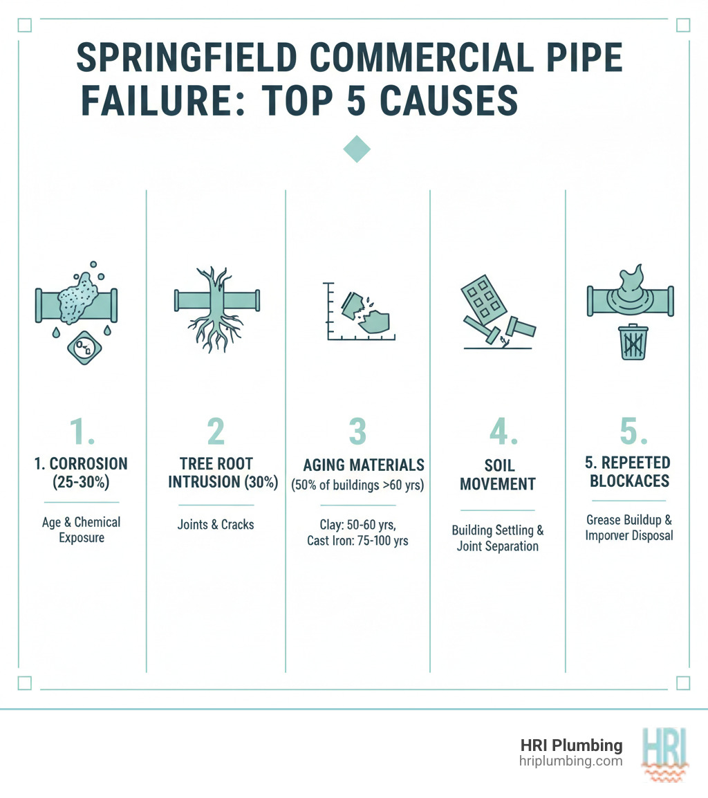 Infographic showing the five most common causes of commercial pipe failure in Springfield: 1) Corrosion from age and chemical exposure (25-30% of failures), 2) Tree root intrusion through joints and cracks (30% of failures), 3) Materials exceeding lifespan - clay 50-60 years, cast iron 75-100 years (affecting 50% of buildings over 60 years old), 4) Soil movement and building settling causing joint separation, 5) Repeated blockages from grease buildup and improper disposal - commercial pipe replacement springfield infographic 