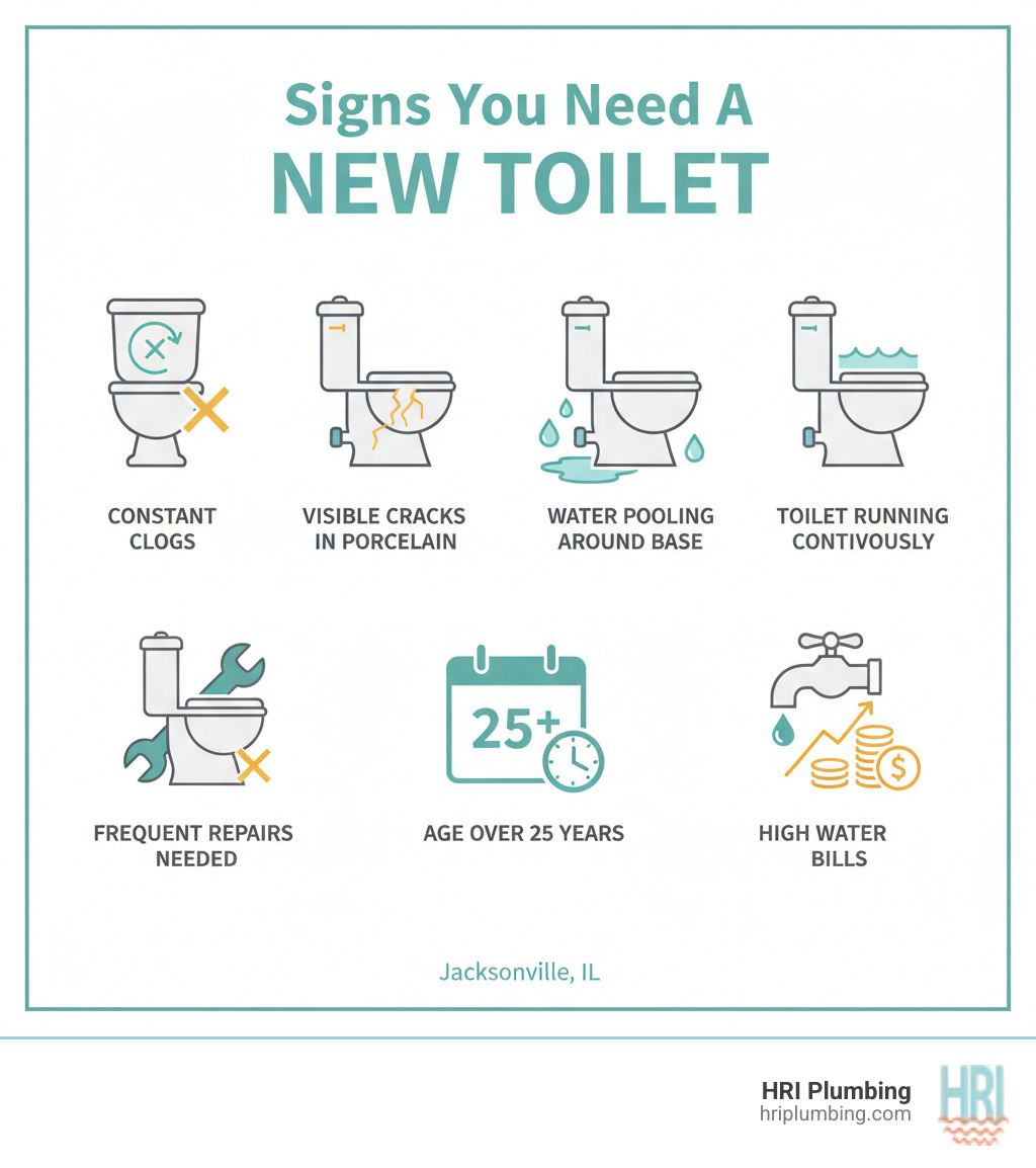 infographic showing signs you need a new toilet installation including constant clogs, visible cracks in porcelain, water pooling around the base, toilet running continuously, frequent repairs needed, age over 25 years, and high water bills from inefficient older models - bathroom toilet install jacksonville il infographic infographic showing signs you need a new toilet installation including constant clogs, visible cracks in porcelain, water pooling around the base, toilet running continuously, frequent repairs needed, age over 25 years, and high water bills from inefficient older models - bathroom toilet install jacksonville il infographic