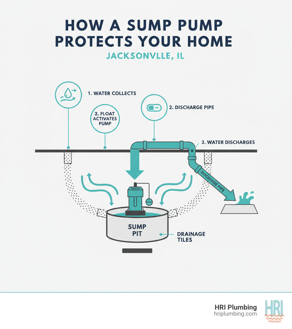 Infographic showing a cross-section of a home with a sump pump system, illustrating how water collects in the sump pit through drainage tiles, triggers the float switch, activates the pump motor, and discharges water away from the home's foundation through the discharge pipe - sump pump repair near me jacksonville infographic 