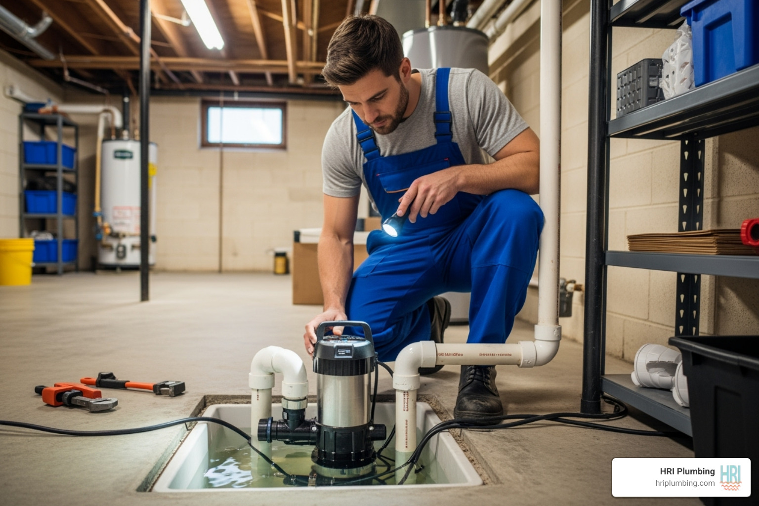 professional plumber inspecting sump pump - sump pump repair near me jacksonville