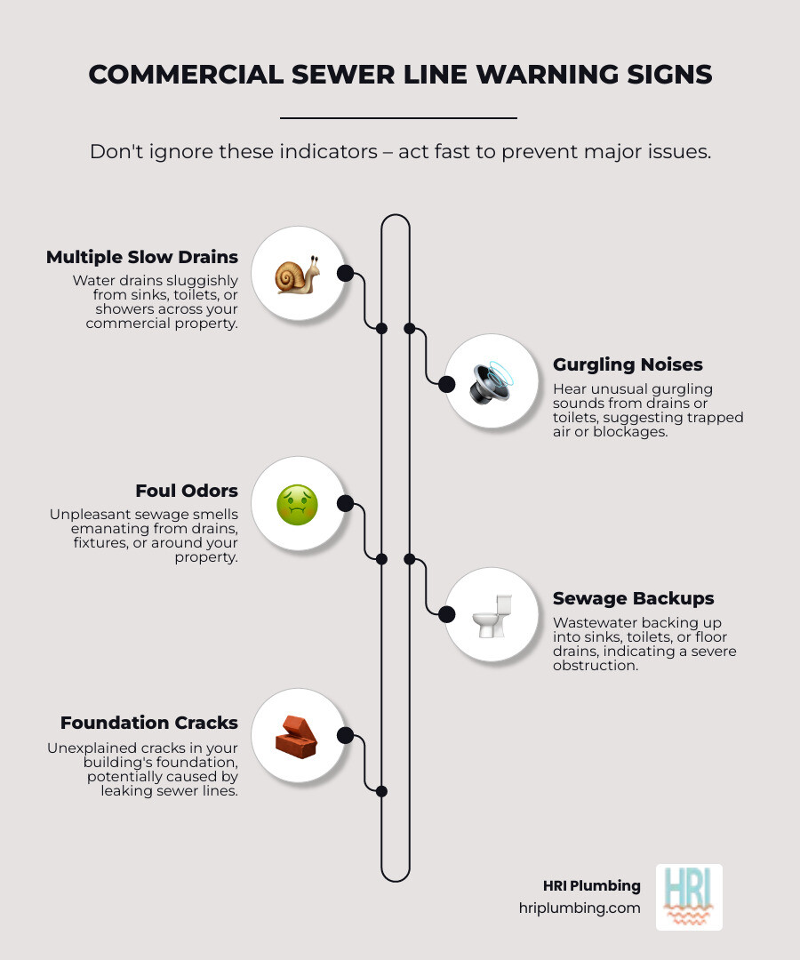 infographic showing commercial sewer line warning signs including slow drains, gurgling noises, foul odors, sewage backups, pest problems, and foundation cracks, with icons representing each issue and a call to action for immediate inspection - commercial sewer line repair jacksonville il infographic infographic-line-5-steps-elegant_beige