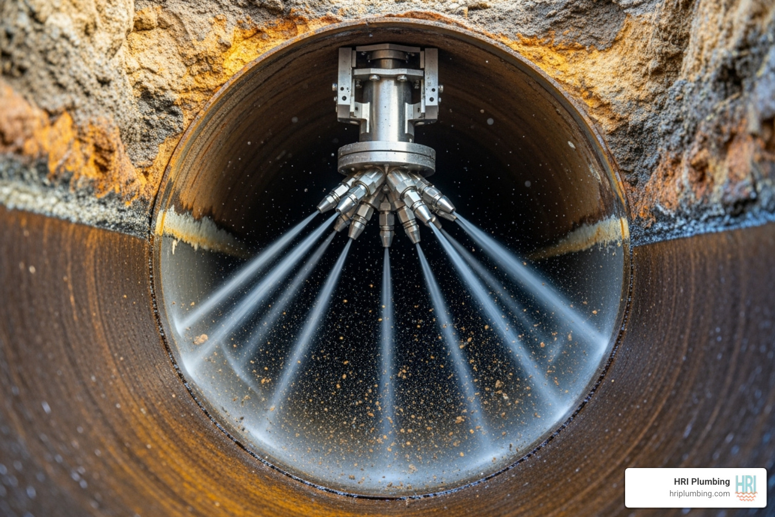 hydro jetting nozzle inside a pipe cross-section - hydro jet drain cleaning springfield il