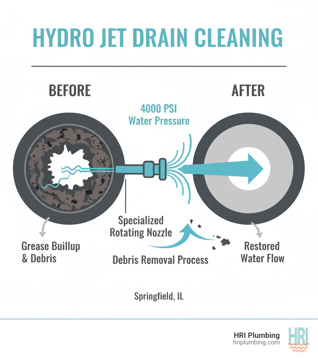 Infographic showing cross-section of a pipe before and after hydro jetting, with before showing grease buildup and debris coating the pipe walls, and after showing completely clean pipe interior with restored water flow, including labels for 4000 PSI water pressure, specialized rotating nozzle, and debris removal process - hydro jet drain cleaning springfield il infographic 