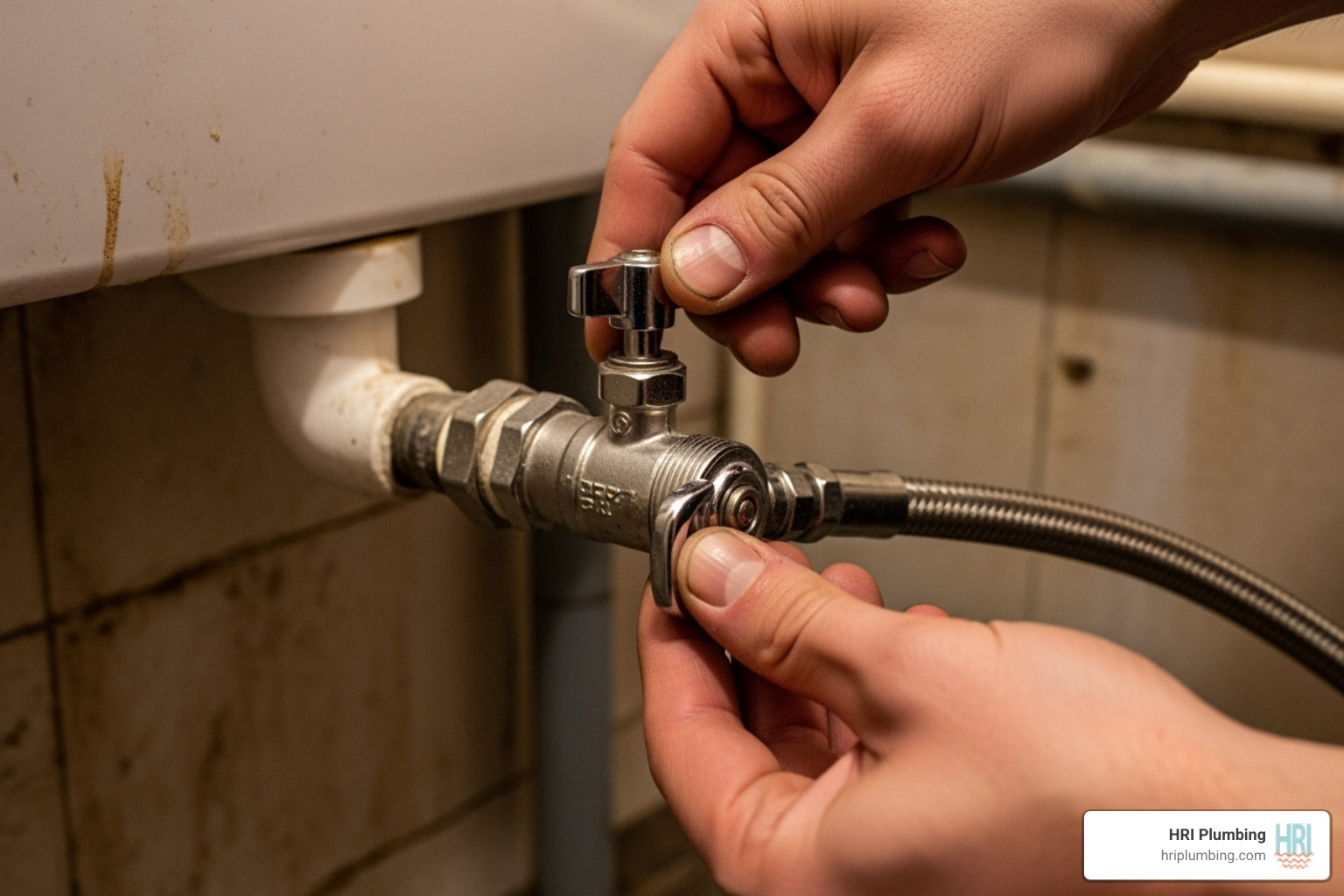a person turning the water shutoff valve behind a toilet - toilet flapper replacement