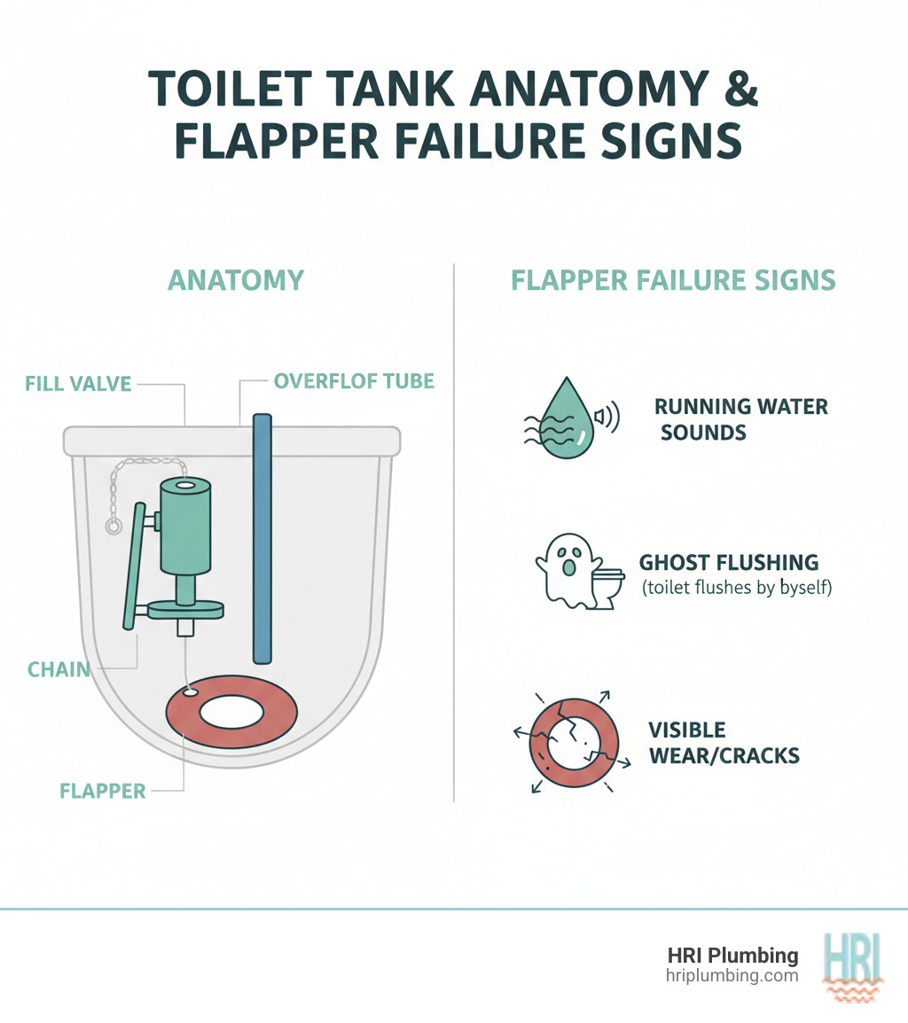 Infographic showing the anatomy of a toilet tank with flapper, chain, overflow tube, and fill valve, plus common signs of flapper failure including running water sounds, ghost flushing, and visible wear on the rubber seal - toilet flapper replacement infographic 