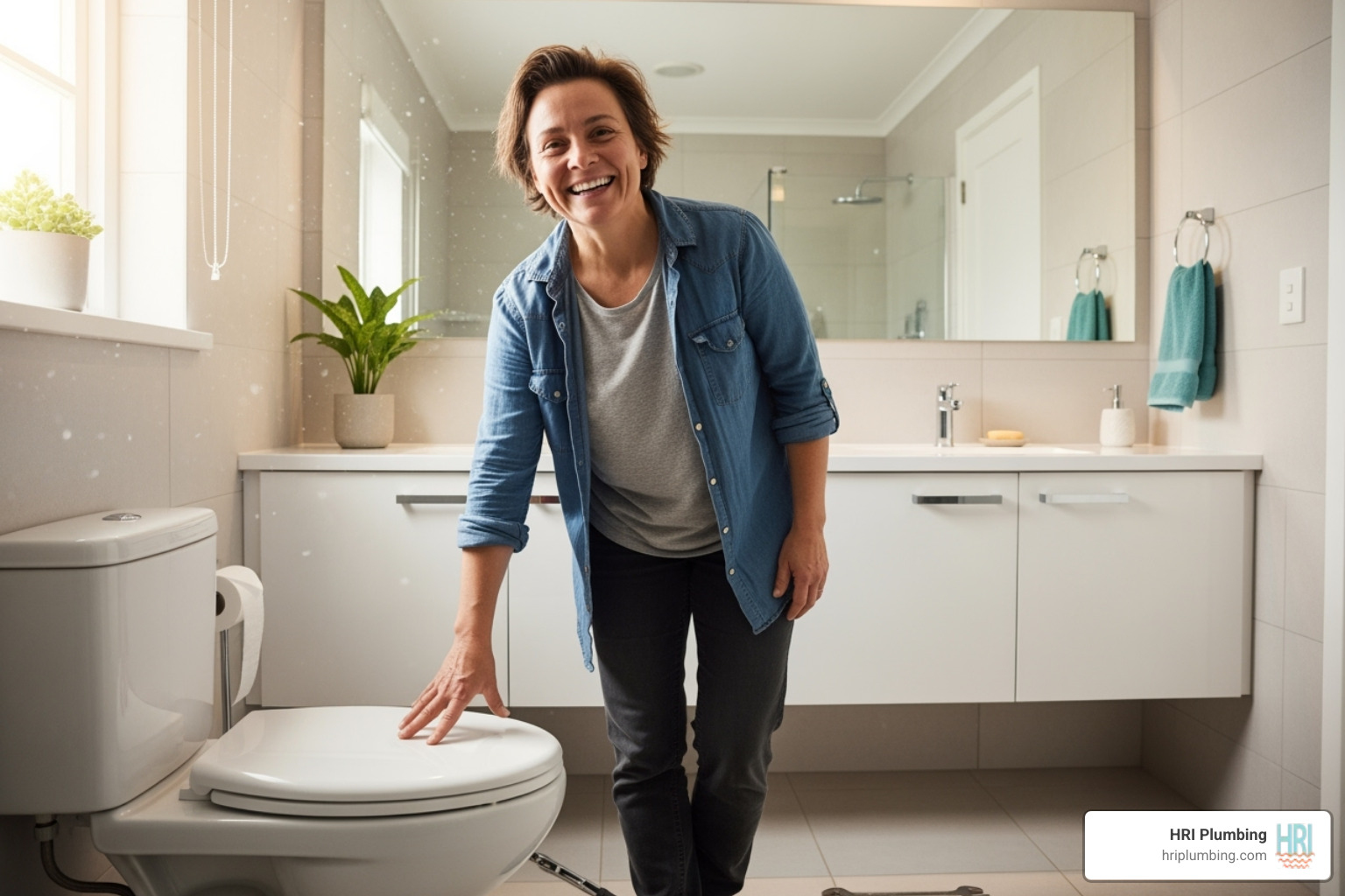 Happy homeowner after toilet repair - toilet flapper replacement