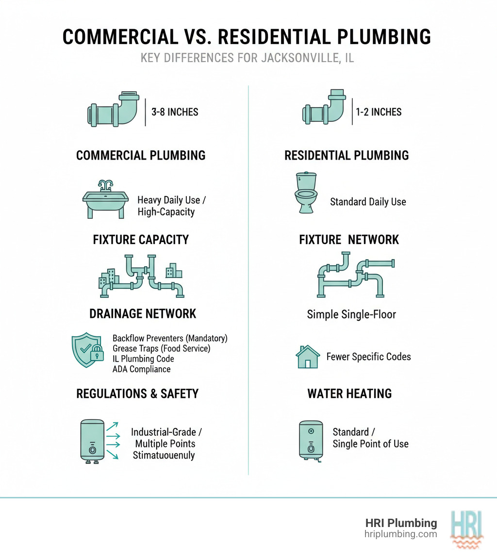 Infographic showing key differences between commercial and residential plumbing: Commercial systems feature larger pipe diameters (3-8 inches vs 1-2 inches), higher-capacity fixtures designed for heavy daily use, complex multi-floor drainage networks, mandatory backflow preventers, grease trap requirements for food service, compliance with Illinois Plumbing Code and ADA regulations, and industrial-grade water heaters serving multiple points of use simultaneously - commercial plumbing jacksonville il infographic  Infographic showing key differences between commercial and residential plumbing: Commercial systems feature larger pipe diameters (3-8 inches vs 1-2 inches), higher-capacity fixtures designed for heavy daily use, complex multi-floor drainage networks, mandatory backflow preventers, grease trap requirements for food service, compliance with Illinois Plumbing Code and ADA regulations, and industrial-grade water heaters serving multiple points of use simultaneously - commercial plumbing jacksonville il infographic