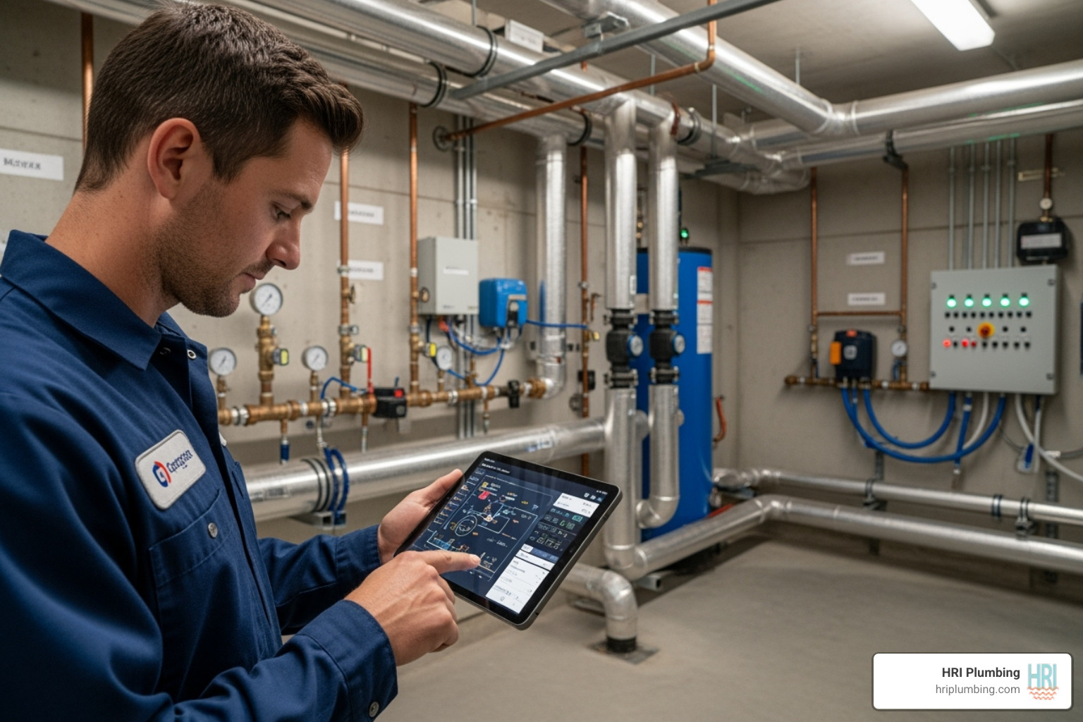 technician using a tablet to diagnose a smart plumbing system - commercial plumbing jacksonville il technician using a tablet to diagnose a smart plumbing system - commercial plumbing jacksonville il