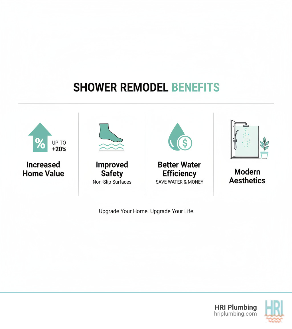 infographic showing the main benefits of shower remodeling including increased home value with a percentage arrow pointing up, improved safety with a non-slip surface icon, better water efficiency with a water droplet and dollar sign, and modern aesthetics with a contemporary shower image - shower installation springfield il infographic  infographic showing the main benefits of shower remodeling including increased home value with a percentage arrow pointing up, improved safety with a non-slip surface icon, better water efficiency with a water droplet and dollar sign, and modern aesthetics with a contemporary shower image - shower installation springfield il infographic