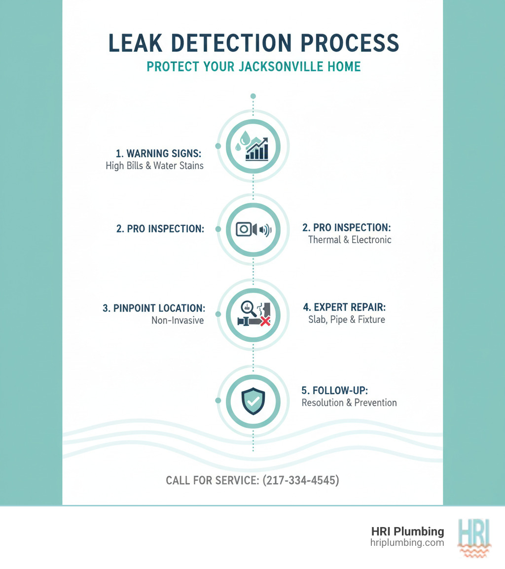 Infographic showing the leak detection process: Step 1 - Identify warning signs like high water bills or water stains. Step 2 - Professional inspection using thermal imaging and electronic detection. Step 3 - Pinpoint leak location without invasive demolition. Step 4 - Expert repair of slab leaks, pipe leaks, or fixture issues. Step 5 - Follow-up inspection to ensure complete resolution and prevent future damage. - leak detection plumber jacksonville il infographic  Infographic showing the leak detection process: Step 1 - Identify warning signs like high water bills or water stains. Step 2 - Professional inspection using thermal imaging and electronic detection. Step 3 - Pinpoint leak location without invasive demolition. Step 4 - Expert repair of slab leaks, pipe leaks, or fixture issues. Step 5 - Follow-up inspection to ensure complete resolution and prevent future damage. - leak detection plumber jacksonville il infographic