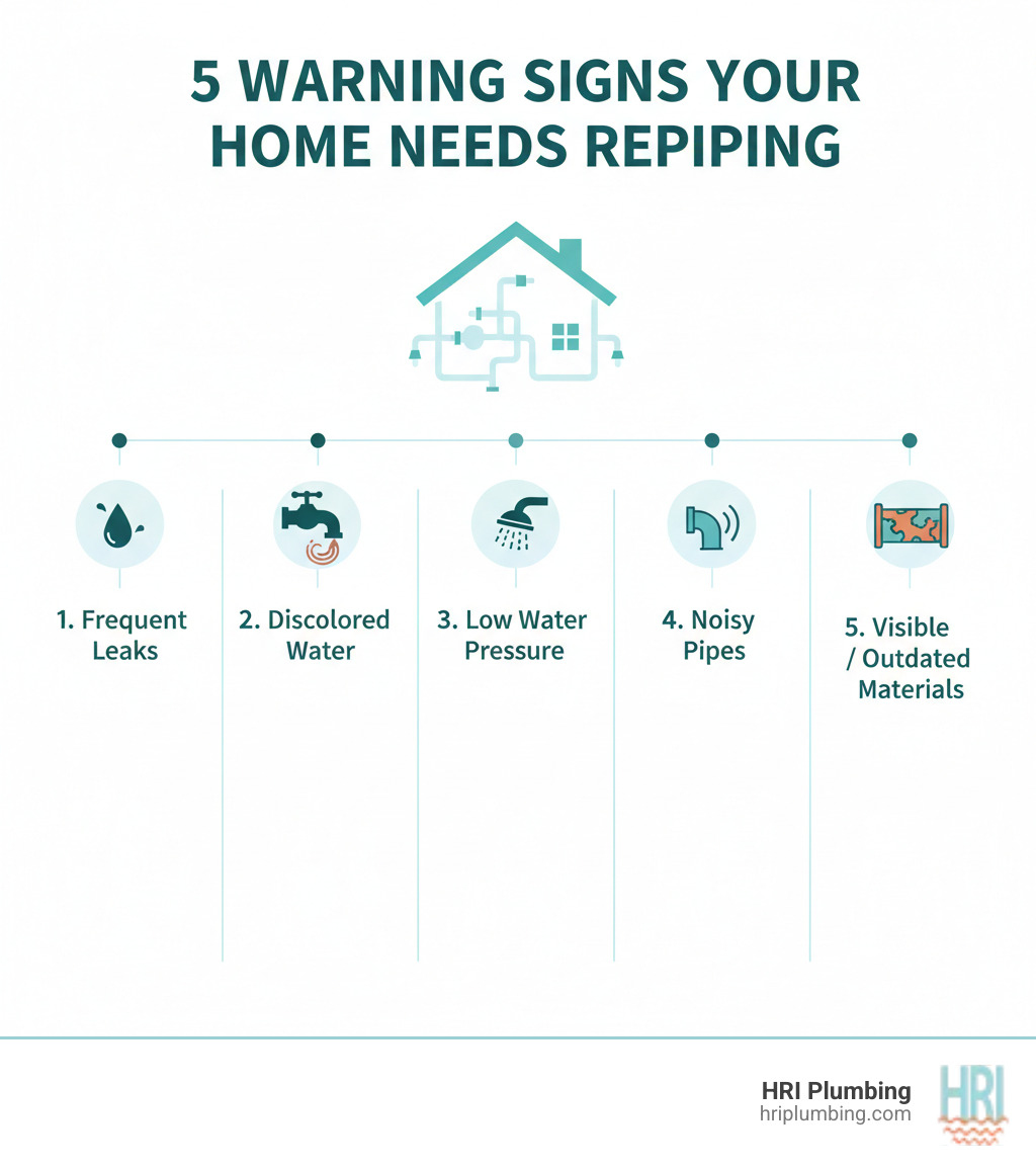 Infographic showing the top 5 warning signs your home needs repiping: 1. Frequent leaks throughout the house, 2. Rust-colored or discolored water from taps, 3. Low water pressure at multiple fixtures, 4. Noisy pipes when water runs, 5. Visible corrosion on exposed pipes or outdated materials like galvanized steel - repiping services jacksonville il infographic 