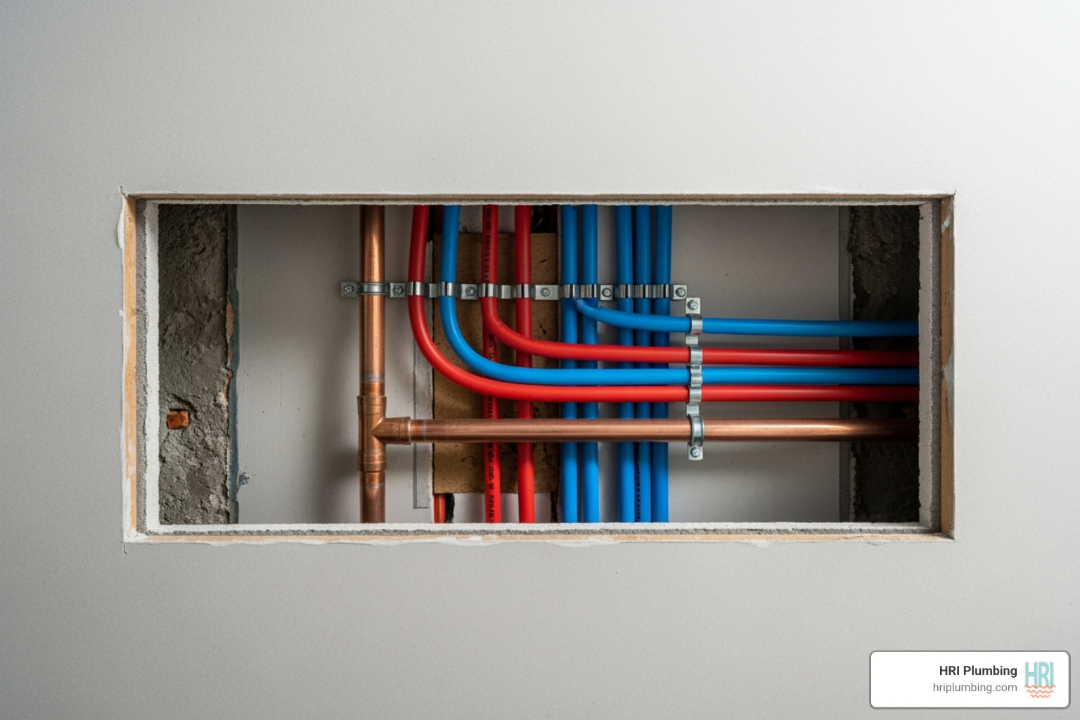 A neatly cut access panel in a wall showing new pipes being installed - repiping services jacksonville il