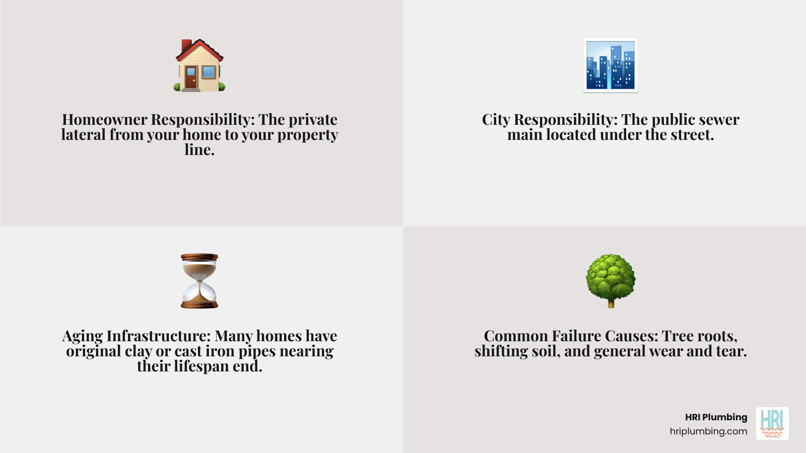 Infographic showing a house with a line drawn from the basement plumbing through the yard to the property line labeled as homeowner responsibility, and then from the property line to the street labeled as city responsibility, with icons indicating typical problems like tree roots and pipe deterioration - sewer line replacement springfield il infographic 4_facts_emoji_grey