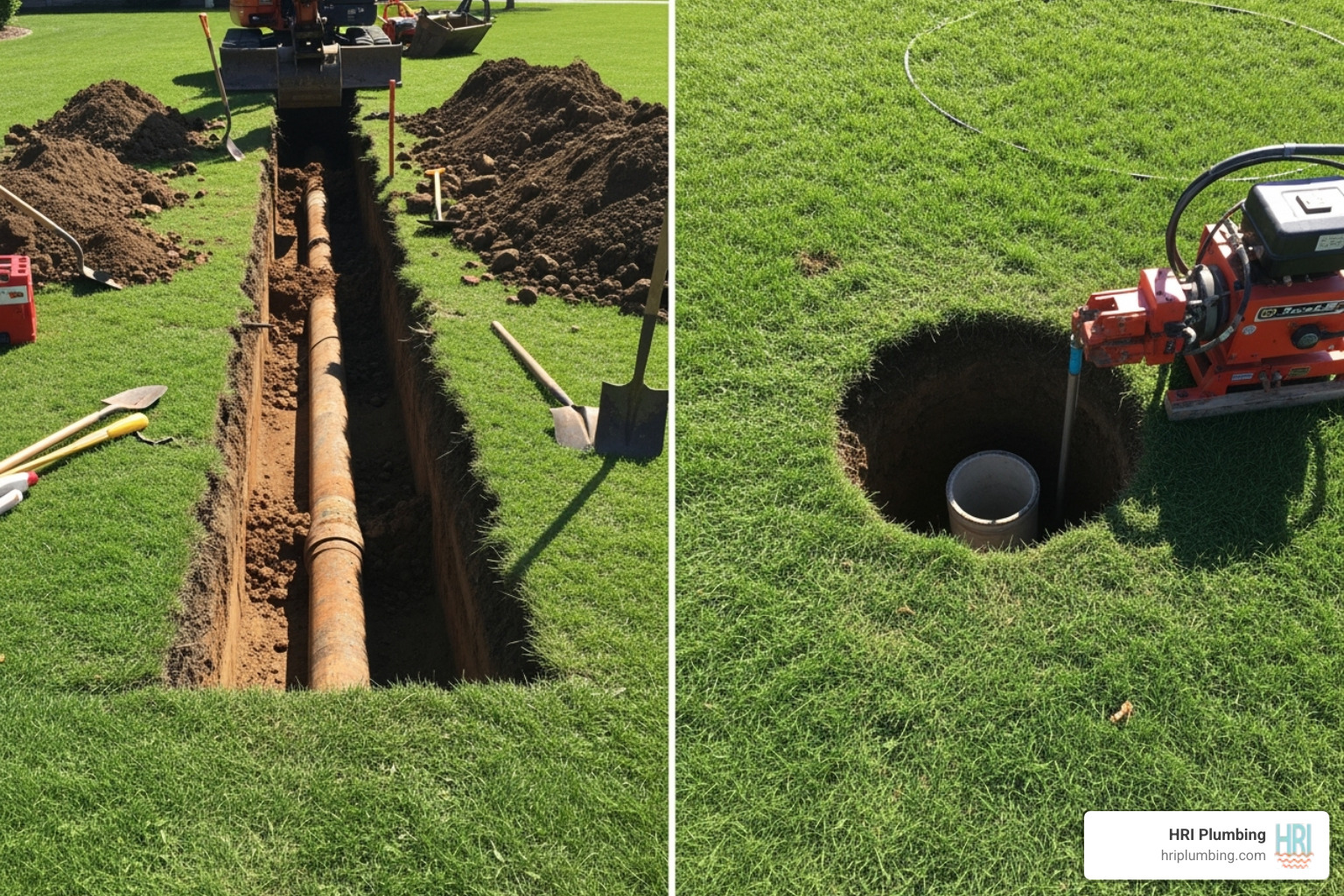 Image comparing a traditional trench in a yard to a small access point for trenchless repair - sewer line replacement springfield il