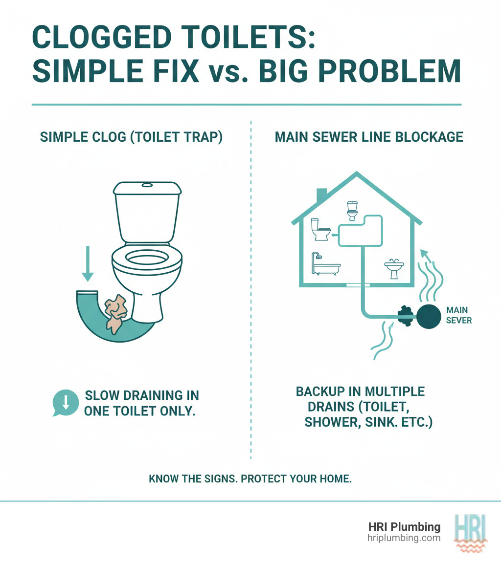 Infographic showing the difference between a simple toilet clog from toilet paper buildup in the trap versus a main sewer line blockage affecting multiple fixtures, with visual indicators like slow draining in one fixture versus backup in multiple drains throughout the home - clogged toilet service jacksonville infographic Infographic showing the difference between a simple toilet clog from toilet paper buildup in the trap versus a main sewer line blockage affecting multiple fixtures, with visual indicators like slow draining in one fixture versus backup in multiple drains throughout the home - clogged toilet service jacksonville infographic