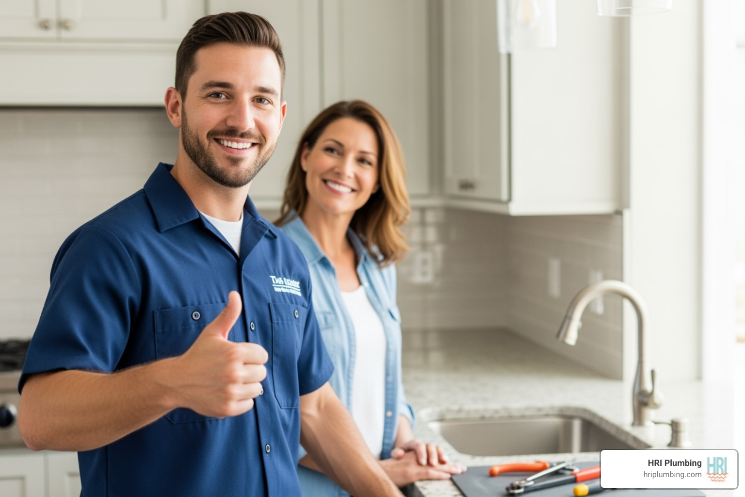 A friendly plumber giving a thumbs-up to a satisfied homeowner - clogged toilet service jacksonville A friendly plumber giving a thumbs-up to a satisfied homeowner - clogged toilet service jacksonville