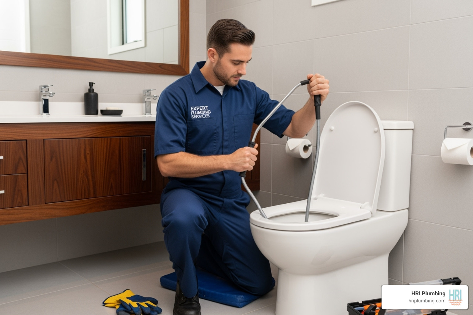 A plumber in uniform using a professional-grade toilet auger to clear a clog - clogged toilet service jacksonville A plumber in uniform using a professional-grade toilet auger to clear a clog - clogged toilet service jacksonville